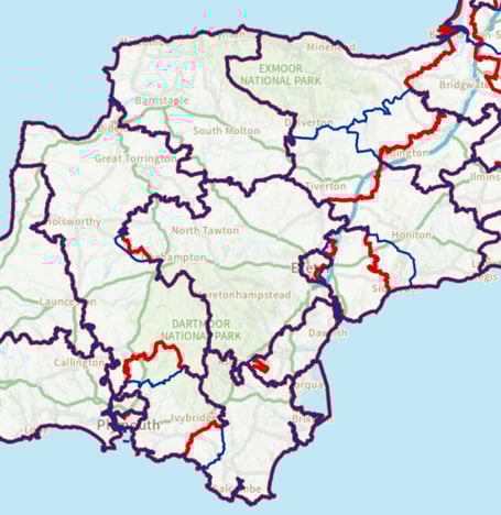 In blue, existing constituencies, and in red, proposed changes to electoral boundaries across Devon by the Boundary Commission for England (BCE).

Ties with LDR story on boundary changes (March 2022)