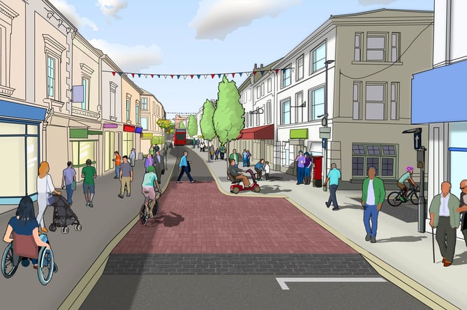 People are being invited to have their say on proposals to enhance Queen Street in Newton Abbot. Here is an artist's impression of how it could look.
IImage: Devon County Council (April 2022)