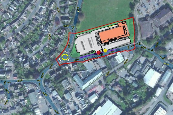 A map of where the proposed Lidl store will be located in Crediton.  