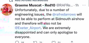 Red Arrows unable to fly over Crediton, Dartmouth and Sidmouth
