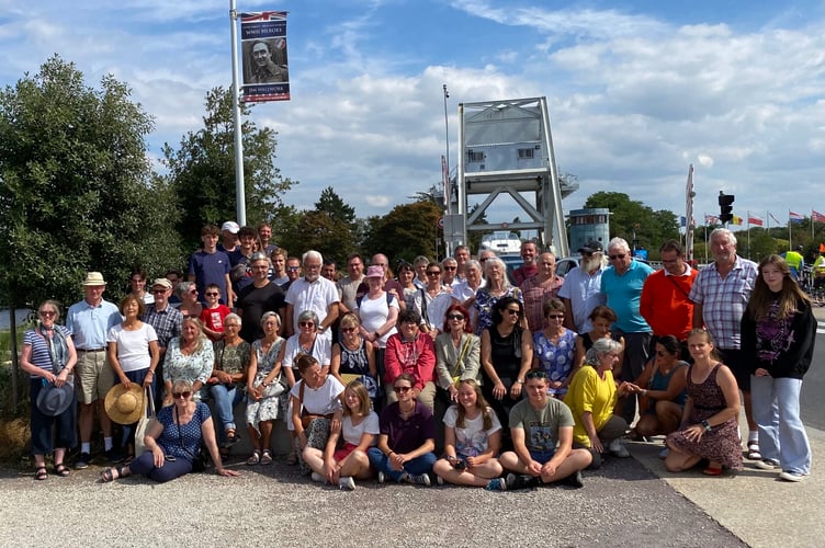 A group photo of French and English twinners at Pegasus Bridge.