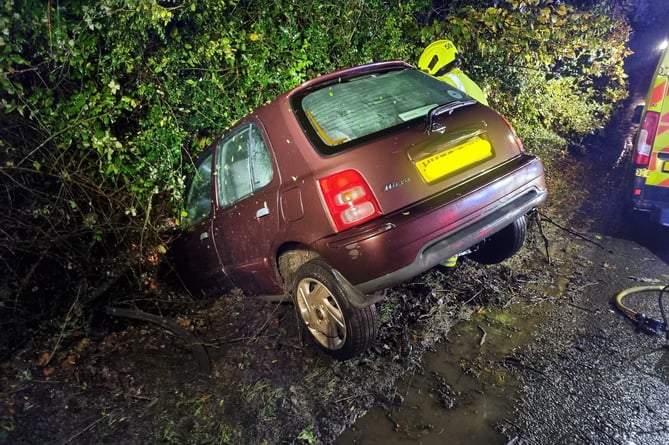 Car crashes into water filled ditch on Stover Road, Newton Abbot.
Picture: Newton Abbot Fire Station (Nov 16, 2022)