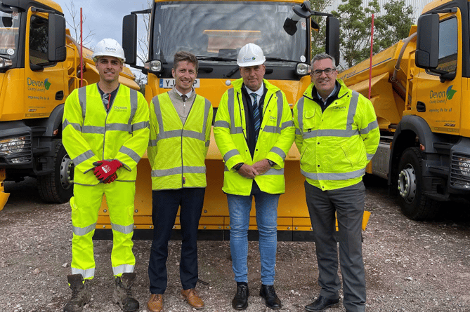 From left, Ryan Wakely, Milestone Infrastructure; Alex Crump, Devon County Council’s network operations manager;  Cllr Stuart Hughes and Simon Kane,Milestone Infrastructure’s contract manager for Devon Highways.