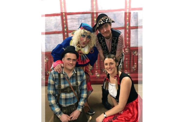 Back row  left Lloyd Mortimore as Peggy Pumpernickel and Philip Reeve as Wally. Front: Luke Fursdon and Yvette Elliot as Hansel and Gretel.
