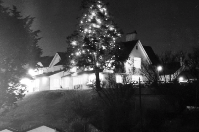 What used to be a familar beaon to travellers to and from Newton Abbot on the old A380 - the lit tree outside the former Midas offices in Kingskerwell from 1988.