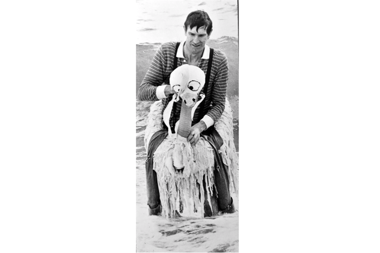 Teignmouth Boxing Day Dip from December 1988. Ride a white swan or float on a drowning duck? Bill Tibbs and friend