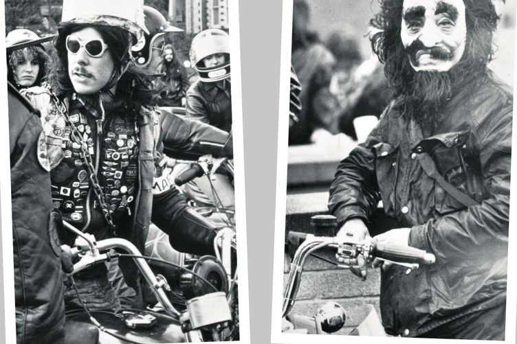 A saucepan and a full face mask were deemed acceptable skidlid replacements by these two bikers