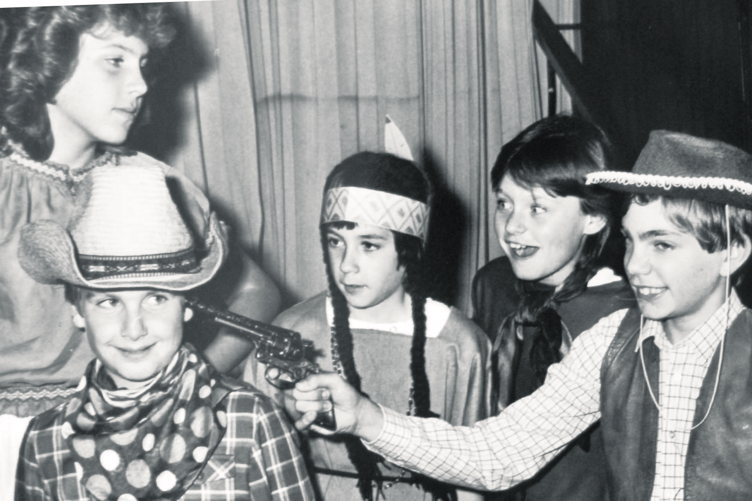 Autumn 1986 and at Teignmouth’s Carlton Theatre the youngsters from the junior section of the Teignmouth Players were perfroming How The West Was Sung, a mini-musical by Viv Wilson. Pictured here are Clare Richardson-Brown, Scott Richardson-Brown, Sarah O’Brien, Kerry Lawrence and Paul Randall.