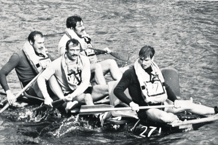 Bobbing along nicely - Boatwreck , a raft from Liverton, sails serenely through the shallows towards the finish line in 1979