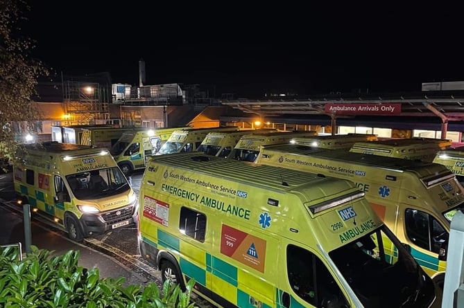 Ambulances waiting at Torbay Hospital A&E