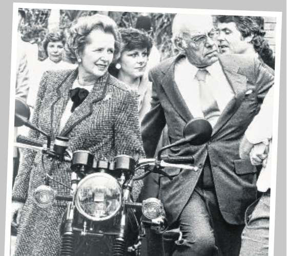 May 1987 and the run up to a general election which meant the politico big guns were touring the county to drum up support. And at the time you couldn’t get a bigger gun than the then Prime Minister Margaret Thatcher who is pictured here with husband Dennis visiting Harris Motorcycles in Newton Abbot