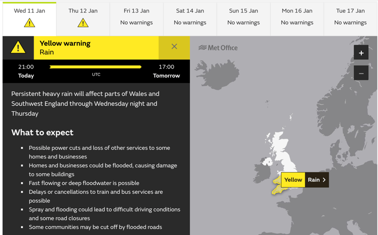 South West of England have been issued with a yellow weather warning as rain hits.