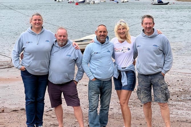 Left to right: Ali Wannell, rowing for Devon Air Ambulance, Andy Warner, rowing for Hants & Isle of Wight Air Ambulance, Neil Blackeby, rowing for Cornwall Air Ambulance, Elaine Theaker, rowing for Wales Air Ambulance, and Huw Carden rowing for SSAFA.