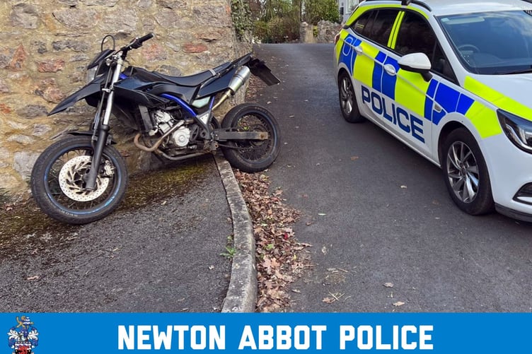 POLICE have seized another vehicle in their campaign against uninsured drivers and riders in Newton Abbot. This motorcycle was today, Sunday, taken from its rider.
Picture: Newton Abbot Police Station (Feb 26, 2023)