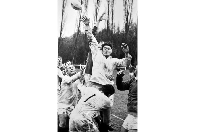 Newton Abbot Rugby club take on Sidmouth in a match from
December 1988 with 2nd row forward Kevin Bradley leaping in the
line-out