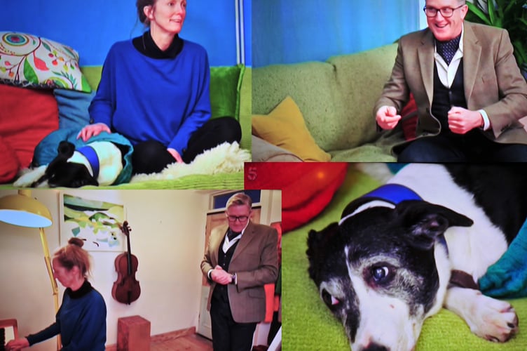 MDA210323C_SP001  Photo: Steve Pope 

Montage of Channel 5 images from Dogs Behaving (Very) Badly Episode 12, Season 5, Graeme Hall dealing with problematic singing dog Badger and her professional musician owner Becky.