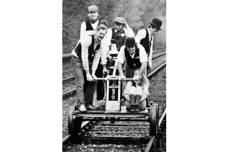 Great Western Society members on a marathon handcar ride on the old Heathfield to Newton Abbot line in November 1988.