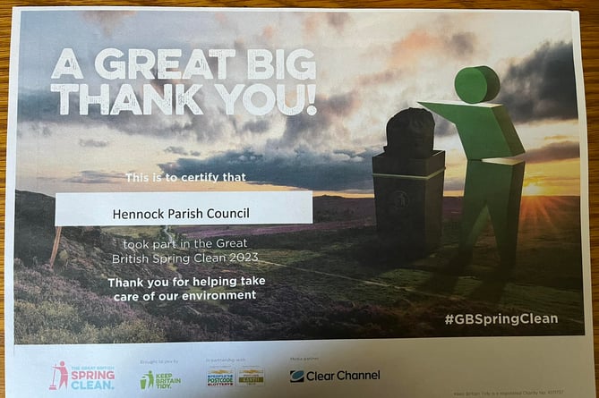 Hennock Parish Council's certificate for taking part in the Great British Spring Clean