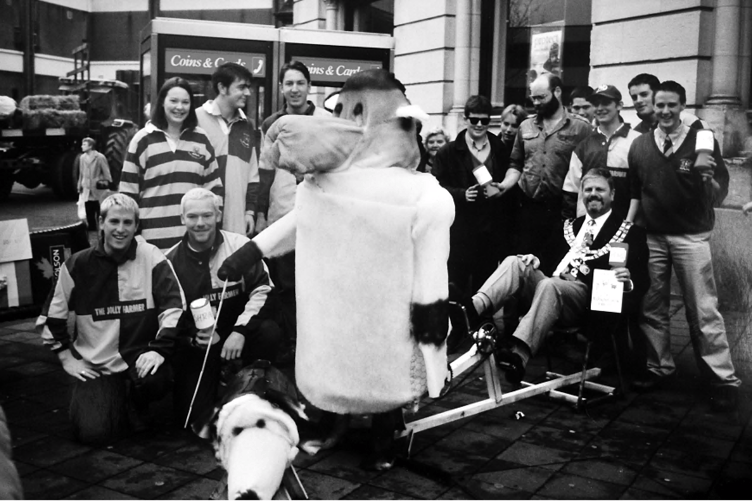Get your glad rags on! Newton Abbot Mayor Alex Matthews joins in with the charity pedal-athon at the start of Seale Hayne’s Rag Week in 1999.