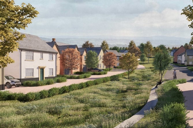 A computer-generated image of Bellway’s Libbets Grange development near Crediton, where green space, parkland and play areas have been incorporated into the design.