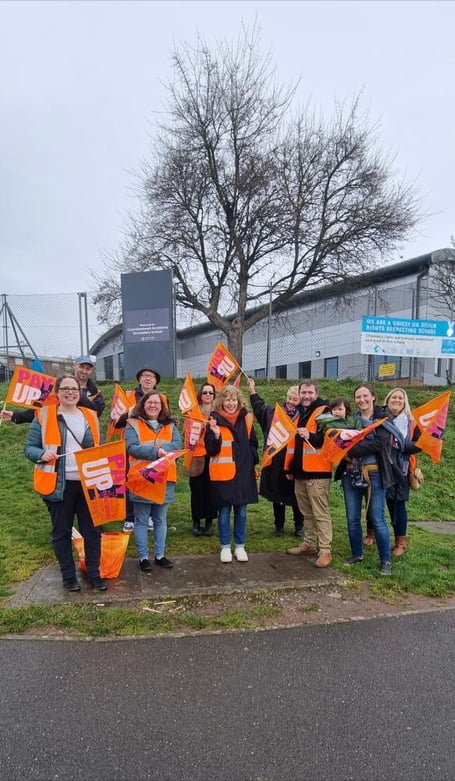 Striking NEU teachers at Coombeshead College in March. 