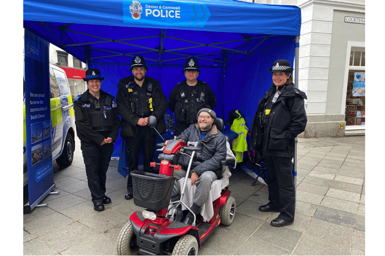 Pictured from the left are: Newton Abbot resident Trevor Wright meets some of the Newton Abbot police team, from the left, PCSO Danielle Buckley, PC Will Heather, Special Constable MArk and PC Jo Gilbrook.