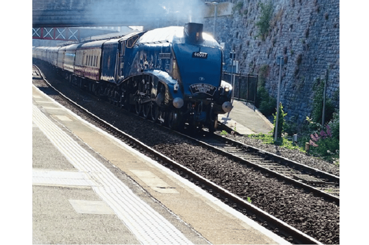 The much revered Sir Nigel Gresley steams through Teignmouth Station, pictured by Jenny Graeme. (June 2023)