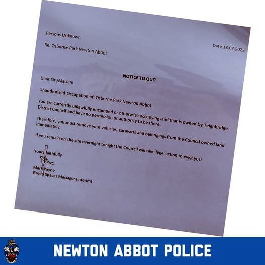 Eviction notice handed to travellers in Newton Abbot park