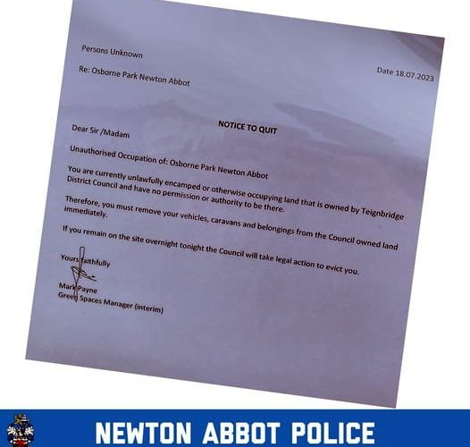 TRAVELLERS staying at Newton AbbotÕs Osborne Park have been issued with an eviction notice.
Picture: Newton Abbot Police - 18-7-23