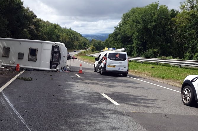 A caravan overturned after a single vehicle collision on the A380 at Ashcombe.Picture: Devon and Cornwall Roads Policing Team (128-7-23)