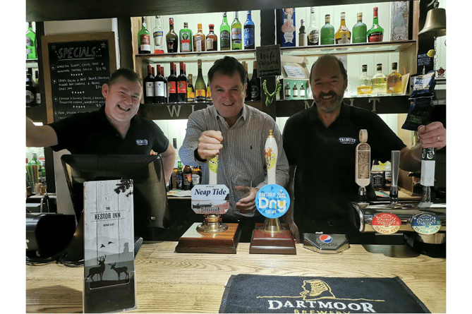 MP Mel Stride (centre) together with pub owners James Houghton and Gary Roberts