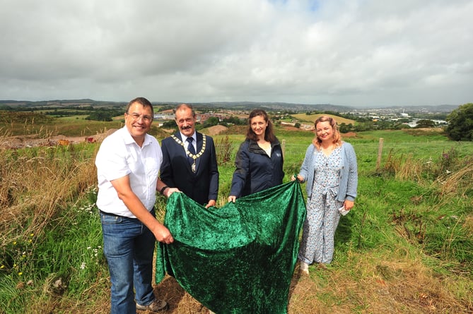 Opening of Ridgetop Park. From left: cllr Martin Wrigley (leader of TDC), Percy Prowse (chair of DCC) Land Trust representive Hannah Bosence and cllr Emma Morse.