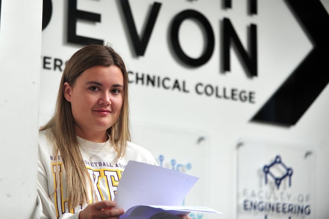 A-Level results at South Devon University Technical College. Aimee Tapp happy with her results gained in Health and AScoial Care and Food and Nutrion. The Ipplepen student will be takign a gap year -  mix of work and holiday - before looking for an apprenticeship in the healthcare industry.