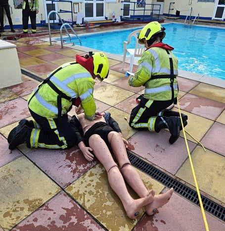 Bovey Tracey Fire Station poolside training at the town's outdoor pool