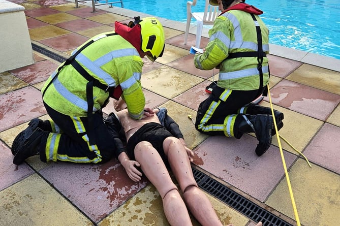 Bovey Tracey Fire Station poolside training at the town's outdoor pool