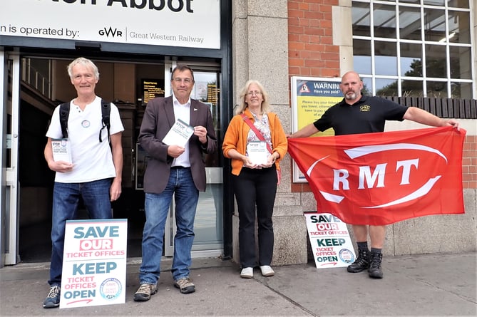 Local Lib Dem councillor Jackie Hook and Teignbridge Parliamentary candidate Martin Wrigley were also present to support the protest at Newton Abbot Station to keep ticket offices open.
 Picture: Mike Puleston (28-8-23)