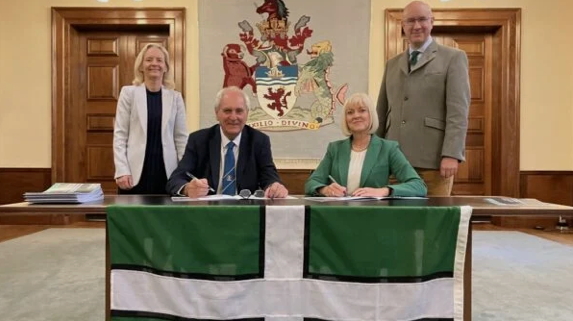 Donna Manson (Devon County Council Chief Executive), Councillor John Hart (Devon County Council Leader), Professor Lisa Roberts (President and Vice Chancellor at the University of Exeter), Stuart Brocklehurst (University of Exeter Deputy Vice Chancellor for Business Engagement and Innovation)
