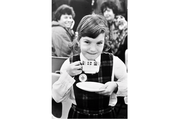 Seven year old Kate Astbury doing her bit at Teignmouth’s Trinity School for the 1990 Blue Peter Appeal