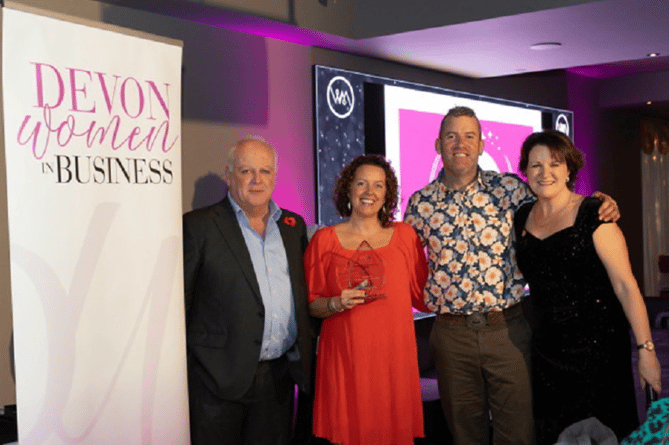 Cllr Paul Arnott of Exeter & East Devon Enterprise Zone presented the Eco-Friendly Business of the Year Award to Natalie Hyson of Dartmoor Reach Alpaca Farm and Glamping, pictured with her husband and co-owner, Josh Hyson and host, Louise Jenner.