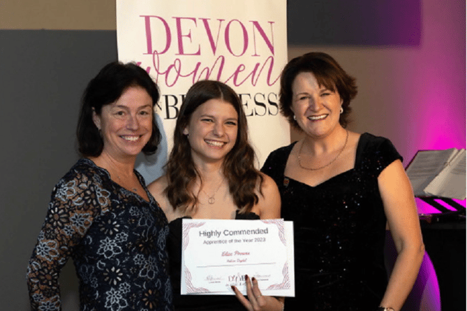 From left: Kate Philp (SDC) with Elise Prowse, from Falcon Digital, Newton Abbot (Highly Commended Apprentice of the Year) and Louise Jenner.
