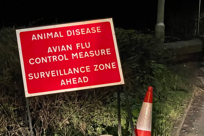 One of the warning signs on the A377 near Newton St Cyres after avian flu was discovered there on April 6, 2022.  AQ 5807

