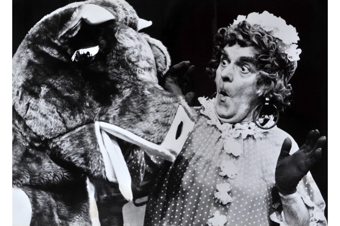 There is nothing like a Dame! In this case Syd Cheshire playing the Dame, with Daisy the Cow, in Dawlish Repatory Company’s panto Jack and the Beanstalk in 1985.