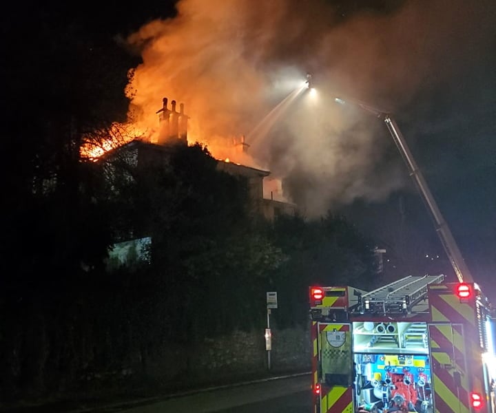 Firefighters tackling a blaze at the derelict Coppice Hotel in Torquay last night. ©Totnes Fire Station