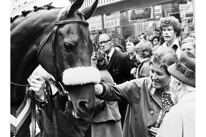 Racing legend and  triple Grand National winner Red Rum greets his fans on a visit to Newton Abbot in July 1982.