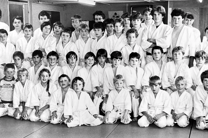 Members of WBB Judo Club line up the MDA photographer in October 1984.