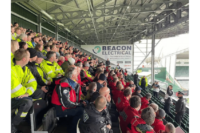 Volunteers are briefed at Plymouth Argyle’s Home Park stadium. 