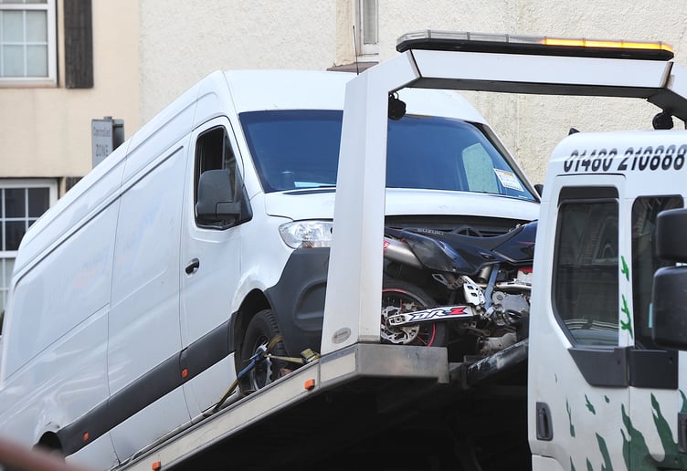 Van and motorcycle involved in a collision at the junction of East Street and King Street in Newton Abbot