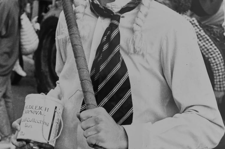 Chudleigh Carnival 1988. Jolly hicket sticks from Roger Collins of that reputable college for young ladies - St Trinians