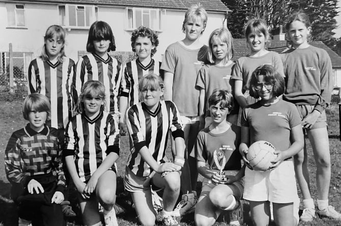 The combined might of the two girls 6-aside teams from  who met in the final of an inter-school competition in June 1989. Pictured here in stripes are runners-up Bishopsteignton Primary School with players Susan Grimble, Jenna Hall, Stephanie Baker, Vanessa East. Elizabeth Spear and Andrea Farquharson.
The winning Denbury Primary School team comprised Alison Cleave, Helen Leslie, Rebecca Gale, Joanne Goddard, Tracy Smeardon and Rachel Margrett