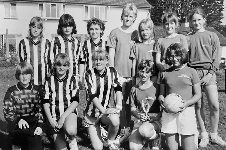 The combined might of the two girls 6-aside teams from  who met in the final of an inter-school competition in June 1989. Pictured here in stripes are runners-up Bishopsteignton Primary School with players Susan Grimble, Jenna Hall, Stephanie Baker, Vanessa East. Elizabeth Spear and Andrea Farquharson.
The winning Denbury Primary School team comprised Alison Cleave, Helen Leslie, Rebecca Gale, Joanne Goddard, Tracy Smeardon and Rachel Margrett